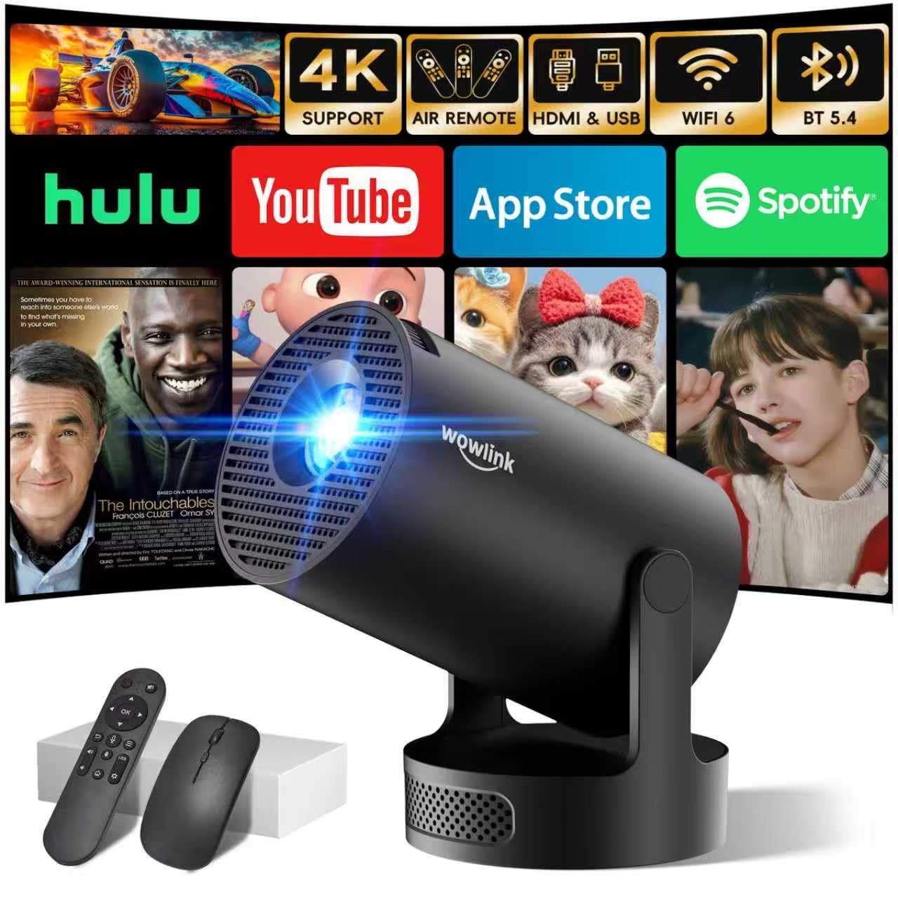 [Built-in Apps & 2026 Upgraded] Mini Projector with WiFi 6 Bluetooth 5.4 Support 4K 1080P Auto Keystone 180° Rotable Portable Projector Compatible with HDMI/TV Stick/Memory Stick/Laptop, Black