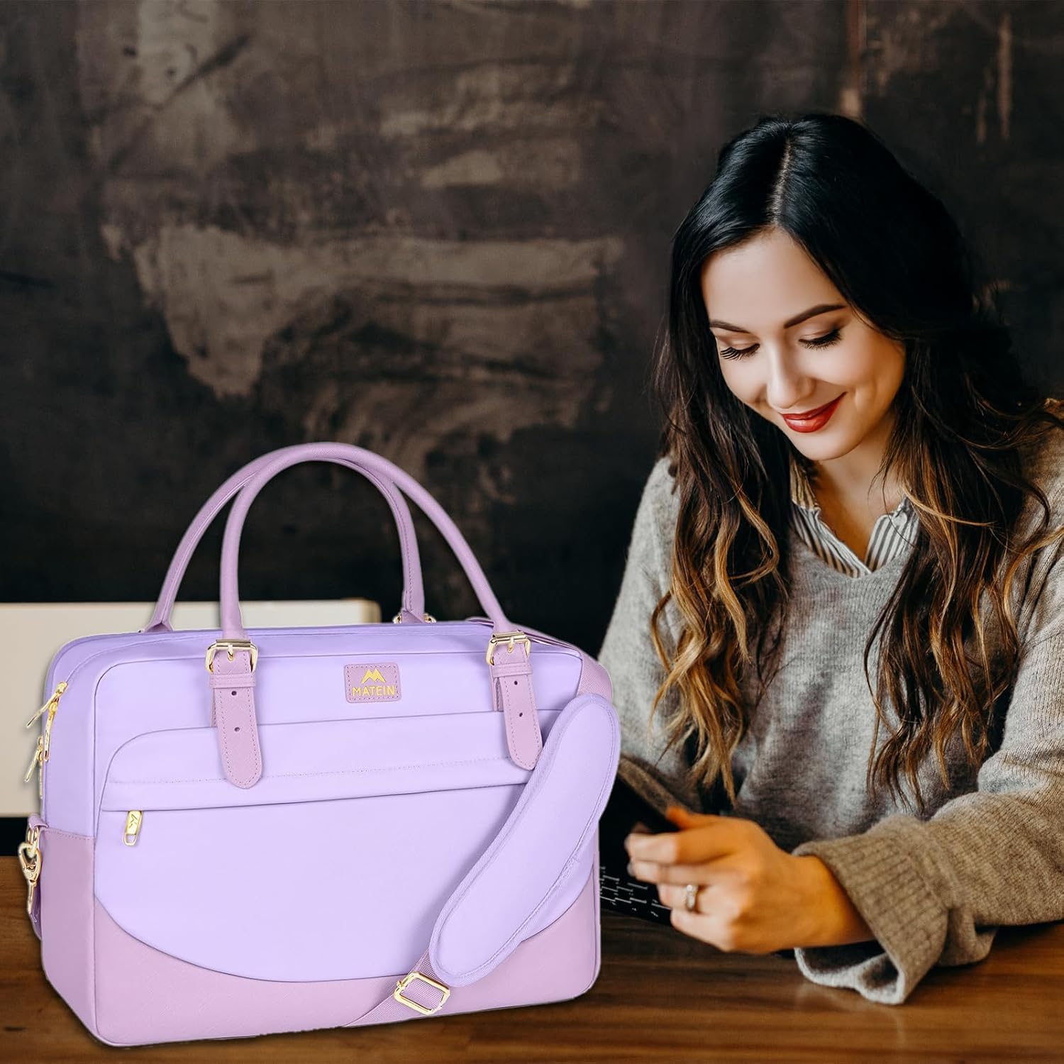 MATEIN Laptop Briefcase for Women, Fashion 15.6 inch Computer Sleeve Bag Case with Adjustable Shoulder Strap, Water Resistant Cute Purple Messenger Work Tote Bag Gifts for Women Nurse Teacher College - Image 3
