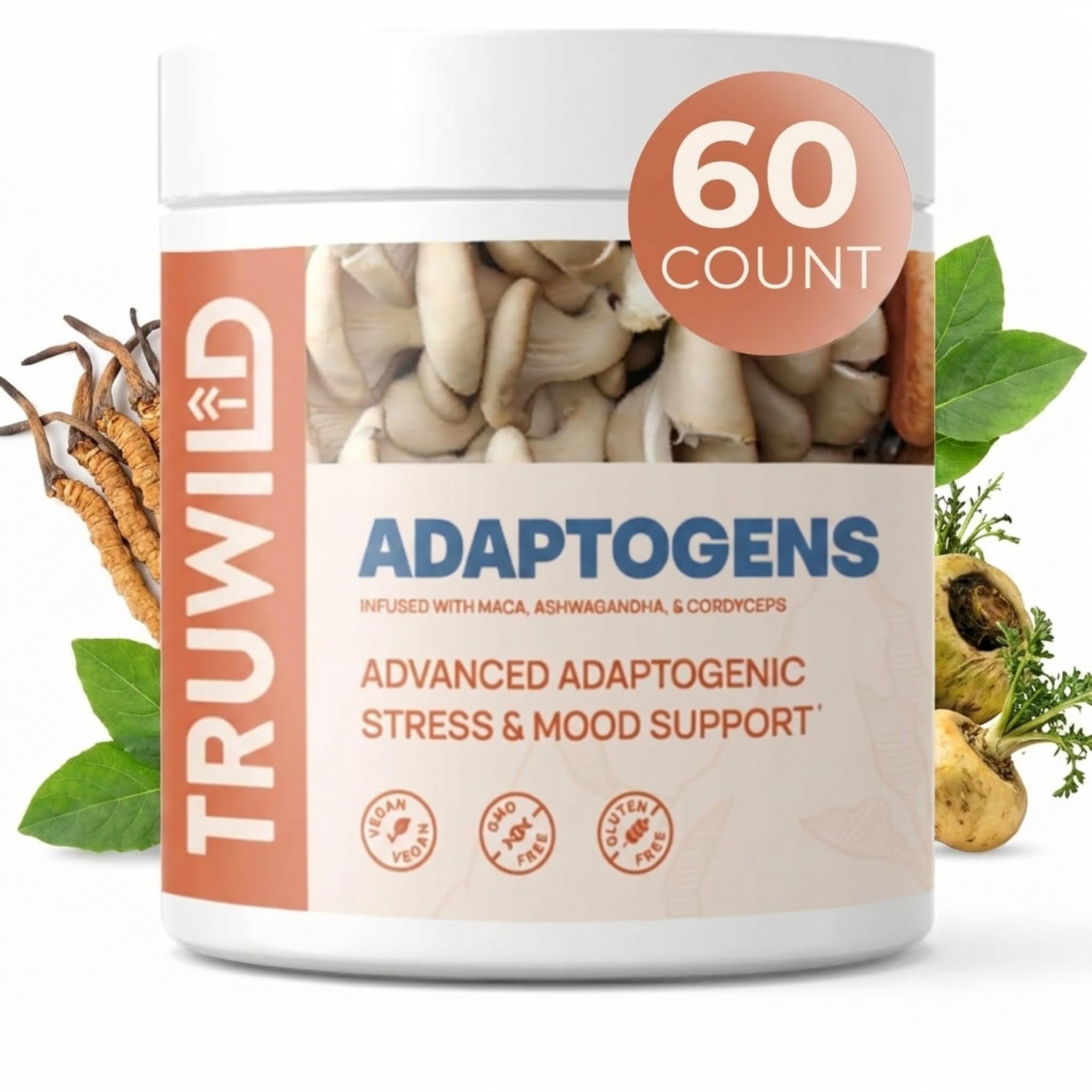 TruWild Adaptogen Blend with Cordyceps Maca Ashwagandha - Full Spectrum Mushroom Blend for Daily Support and Function, All Natural Formula with 7 Key Ingredients, 60 Capsules 1