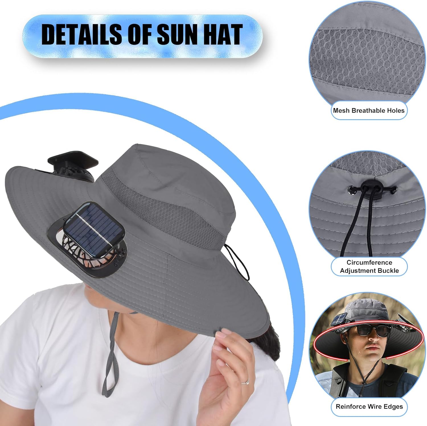 Solar Fan Sun Hat, Widen Brim Outdoor Fishing Men Hat with 2 Fans, Adjsutable 180°Rotating Cooling UPF 50+ - Image 5