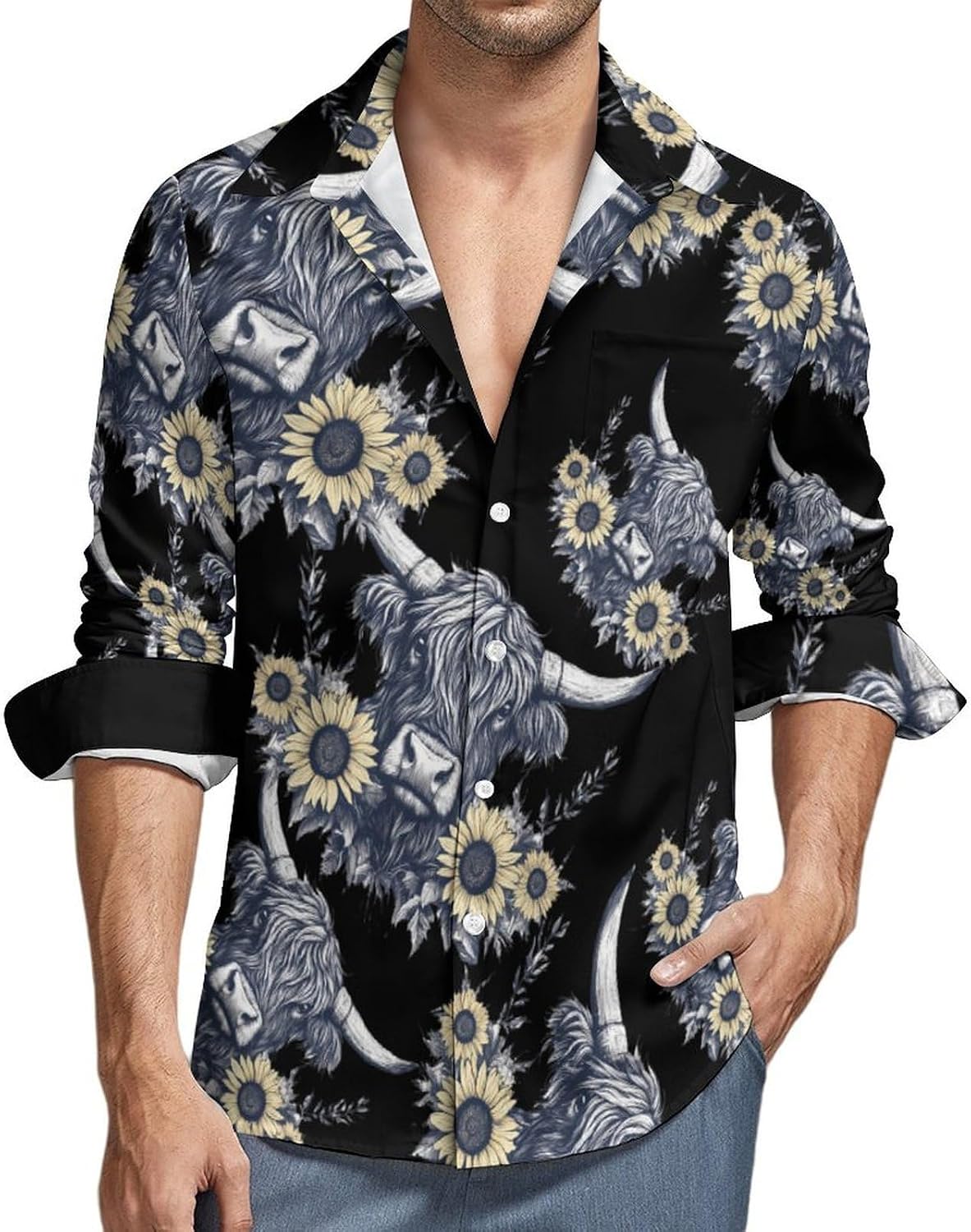 Scottish Highland Cow Sunflowers Long Sleeve Shirts Casual Dress Shirt Button-down T-shirts for Men