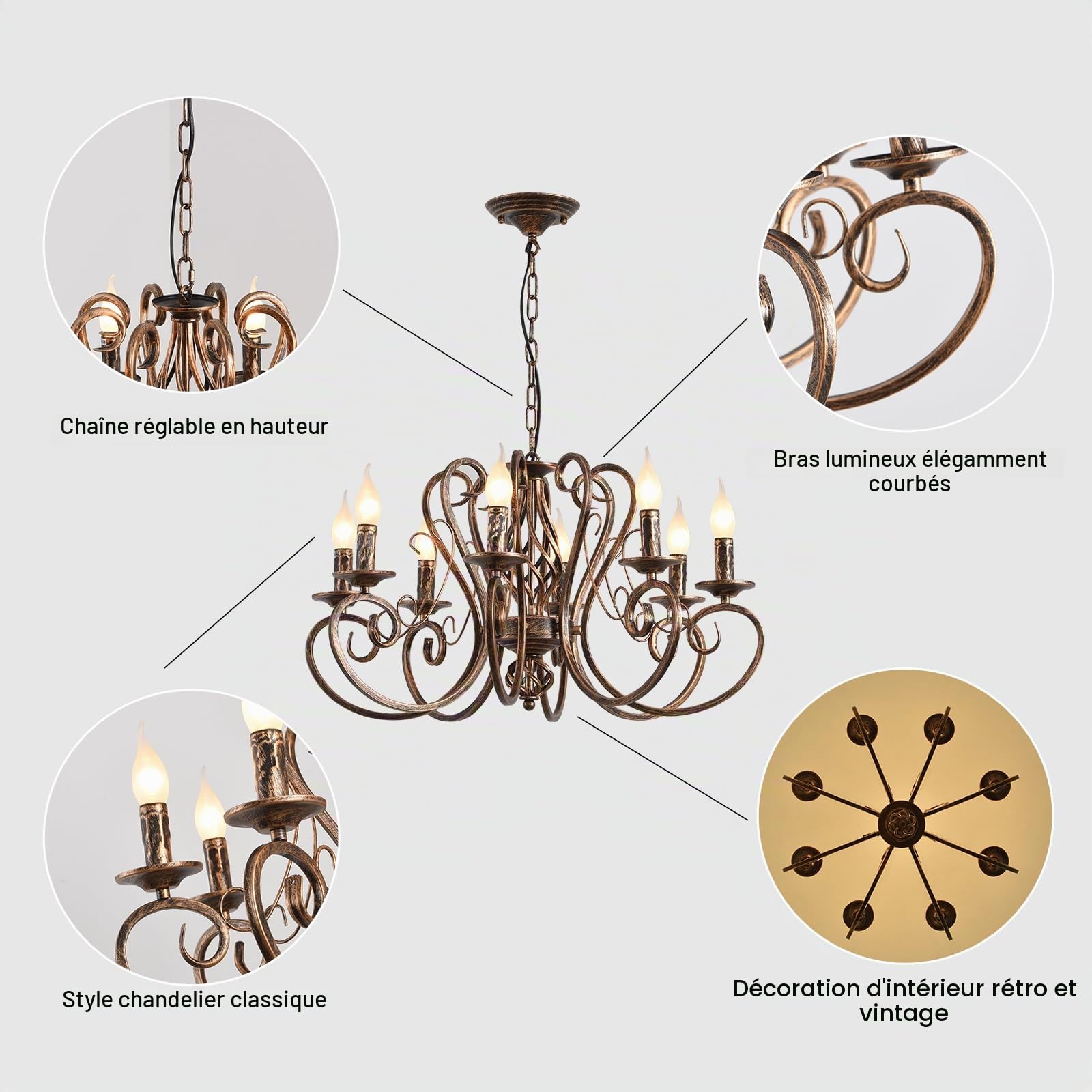 Ganeed Lustre Français Pays Bronze 8 Lumières Métal | Vintage rustique suspendu réglable pour cuisine salon éclairage chaleureux