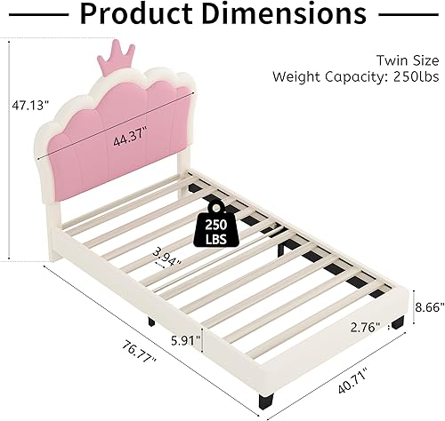 Miniatura 9 de Merax Base de cama tapizada tamaño matrimonial para niños con cabecera corona, cama de plataforma baja de princesa de madera para niños y niñas,