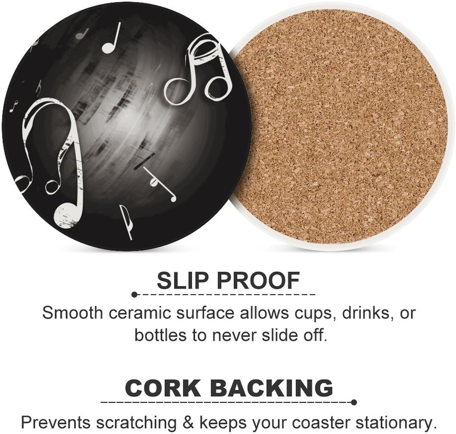 Music Notes Coasters Round Coasters Set Ceramic Stone Coaster with Cork Base Coffee Cup Beverage Cup Mat Cute Funny Table Drinks Coaster for Mugs and Cups Office Kitchen