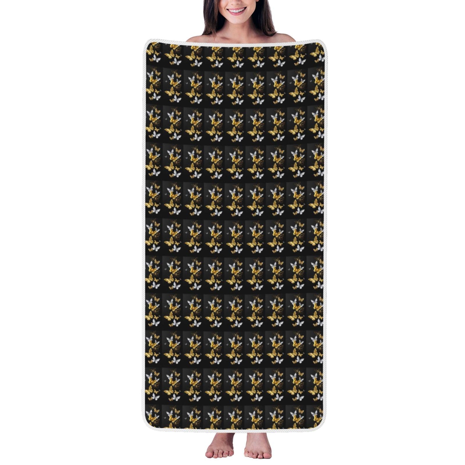 Ztpowqa Women's White Gold Butterflies Black Print Coral Velvet Bath Towel For Home Gym Lounging Bathroom Spa Hotel Beach Travel