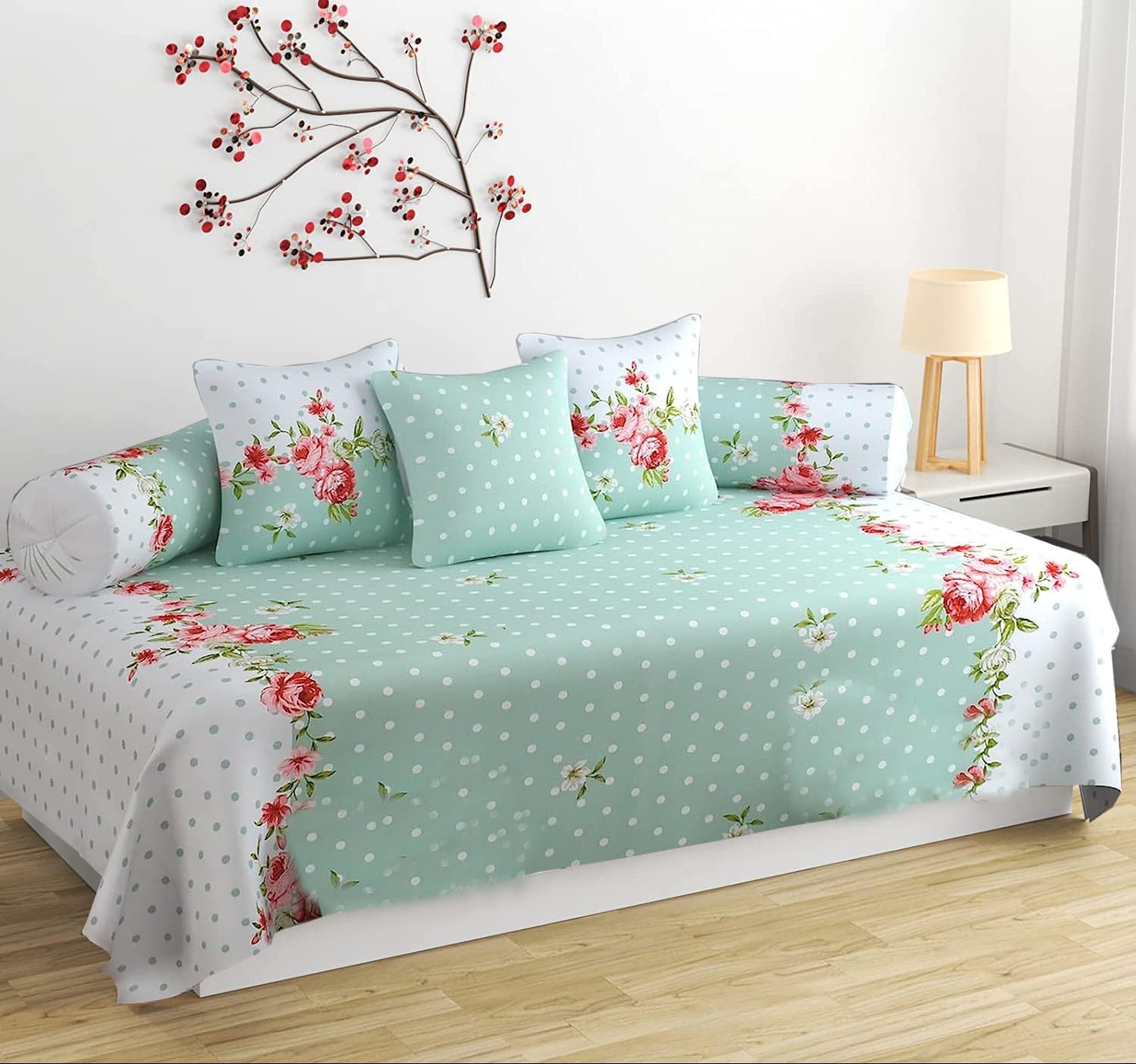 Diwan Cover Set, 6 Pieces, Green, Floral Pattern, Standard Size, Soft Touch Ezyption Cotton, Includes 1 Single Bedsheet, 3 Cushion Covers, 2 Bolster Covers-image-19