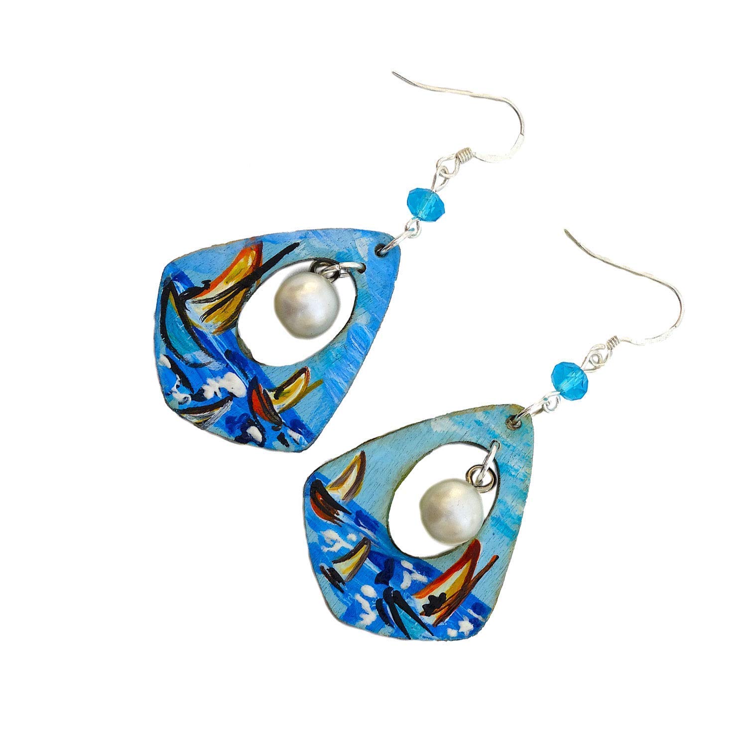 Boucles d'oreilles peintes à la main - PAYSAGE MER TABLEAU CÉLÈBRE - Boucles d'oreilles pendantes pour femme, Bijoux en bois peint, Crochet en argent, Fabriqué en Italie, Bijoux pour femmes décorés