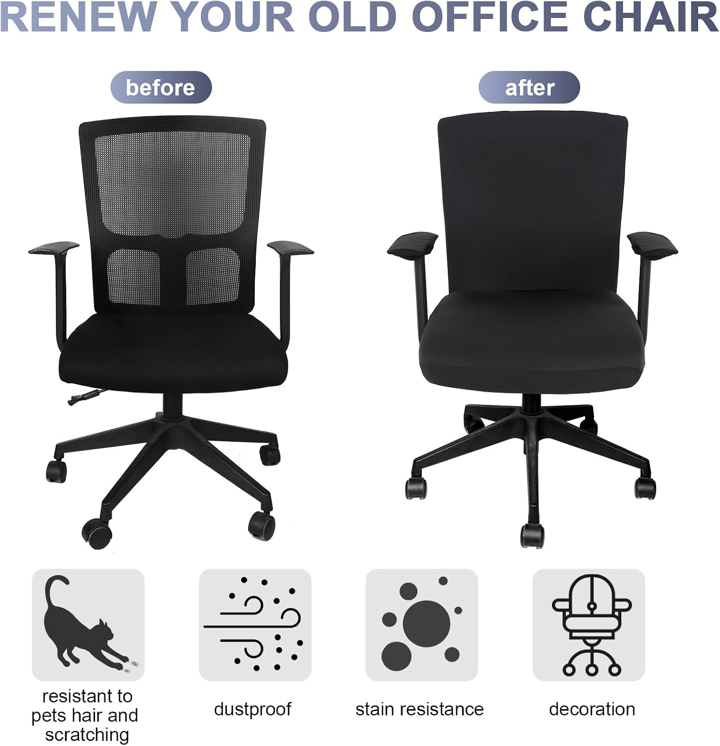 Tallew 4 Pcs Office Chair Covers Set Computer Universal Protective Stretchable Chair Seat Covers Desk Armrest Cover Pads Office Cushion Backrest for Rotating(Regular,Black)