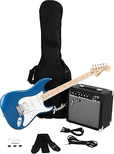 Vista 2 de Fender Squier Affinity Series Stratocaster - Kit de guitarra eléctrica, con 2 años de garantía, Lake Placid azul, diapasón de arce con amplificador