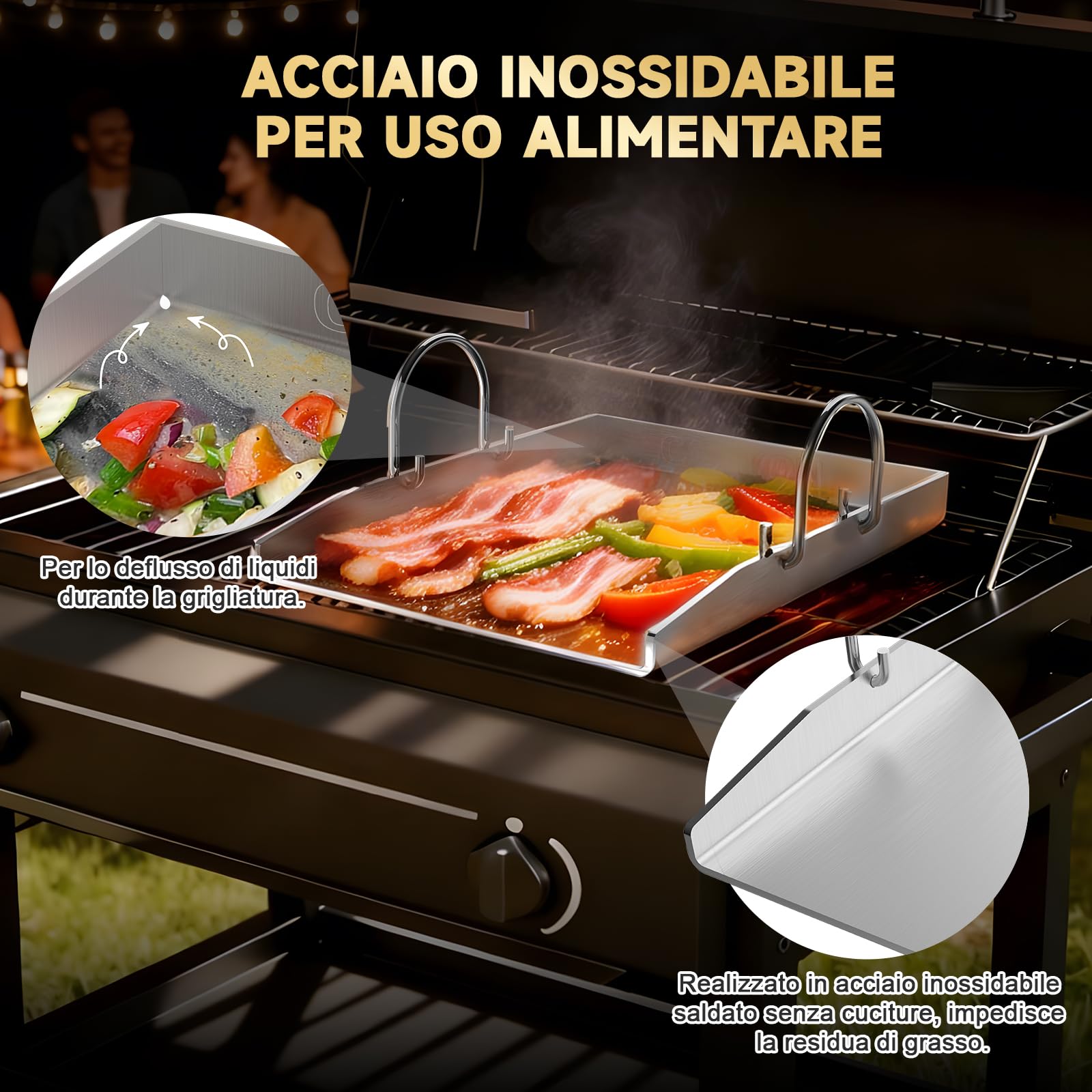 Piastra universale in acciaio inox, 40,5 x 31 cm, spessa 4 mm | Con scarico del grasso, lavabile in lavastoviglie, adatto per barbecue a gas e barbecue a carbone