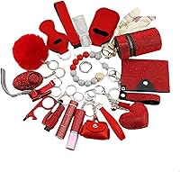 Vista 1 de Shiny Safety Keychain Set with Personal Alarm, 19 Pcs Keychain Accessories Kit with Whistle Pompom, Gift Set for Women Rojo