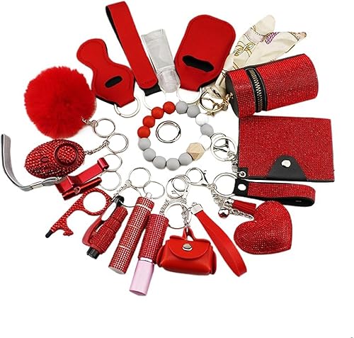 Shiny Safety Keychain Set with Personal Alarm, 19 Pcs Keychain Accessories Kit with Whistle Pompom, Gift Set for Women