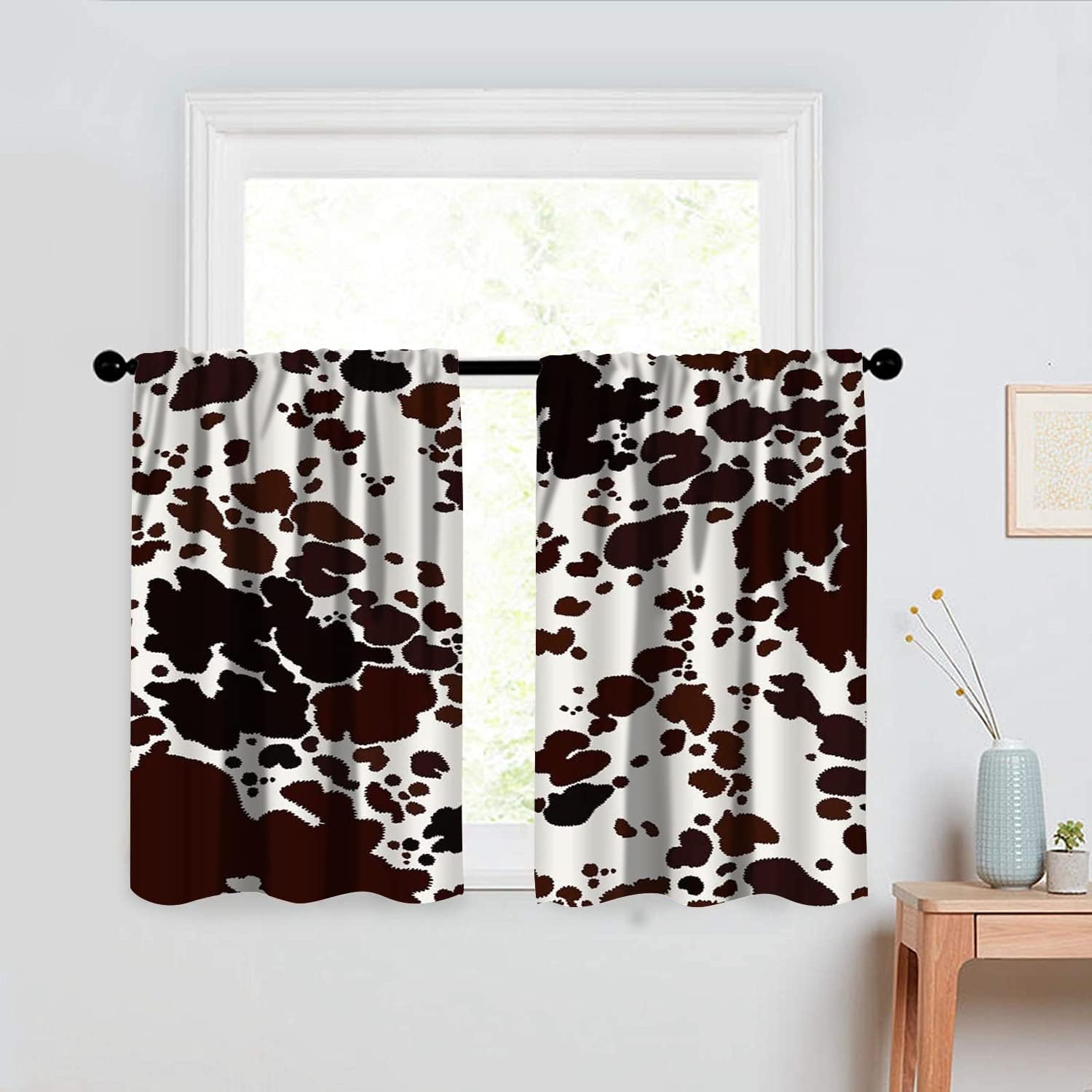 Short Curtains for Small Window, Rustic Funny Cow Print Soundproof Thermal Curtains 24 Inch Length, Room Darkening Rod Pocket Fabric Window Curtain 2 Panel Set, 30" W x 24" L