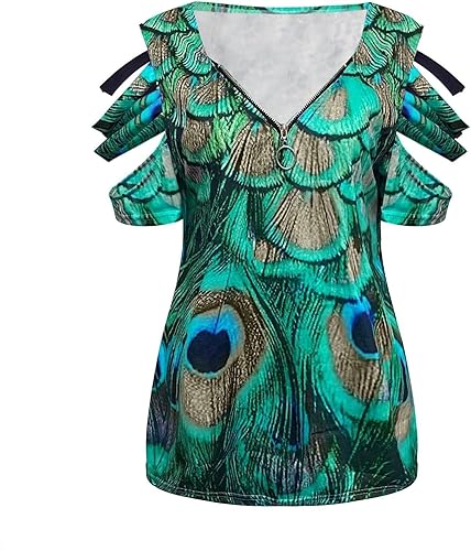 Miniatura 3 de Blusa de verano para mujer, con hombros descubiertos, casual, manga corta, con cremallera, cuello en V, túnica