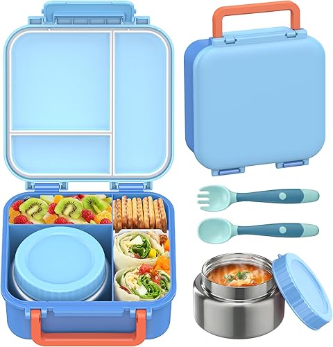 Lonchera Bento para niños con termo de 9 onzas, recipientes de almuerzo a prueba de fugas con 3 compartimentos, tamaño apto para niños, lonchera