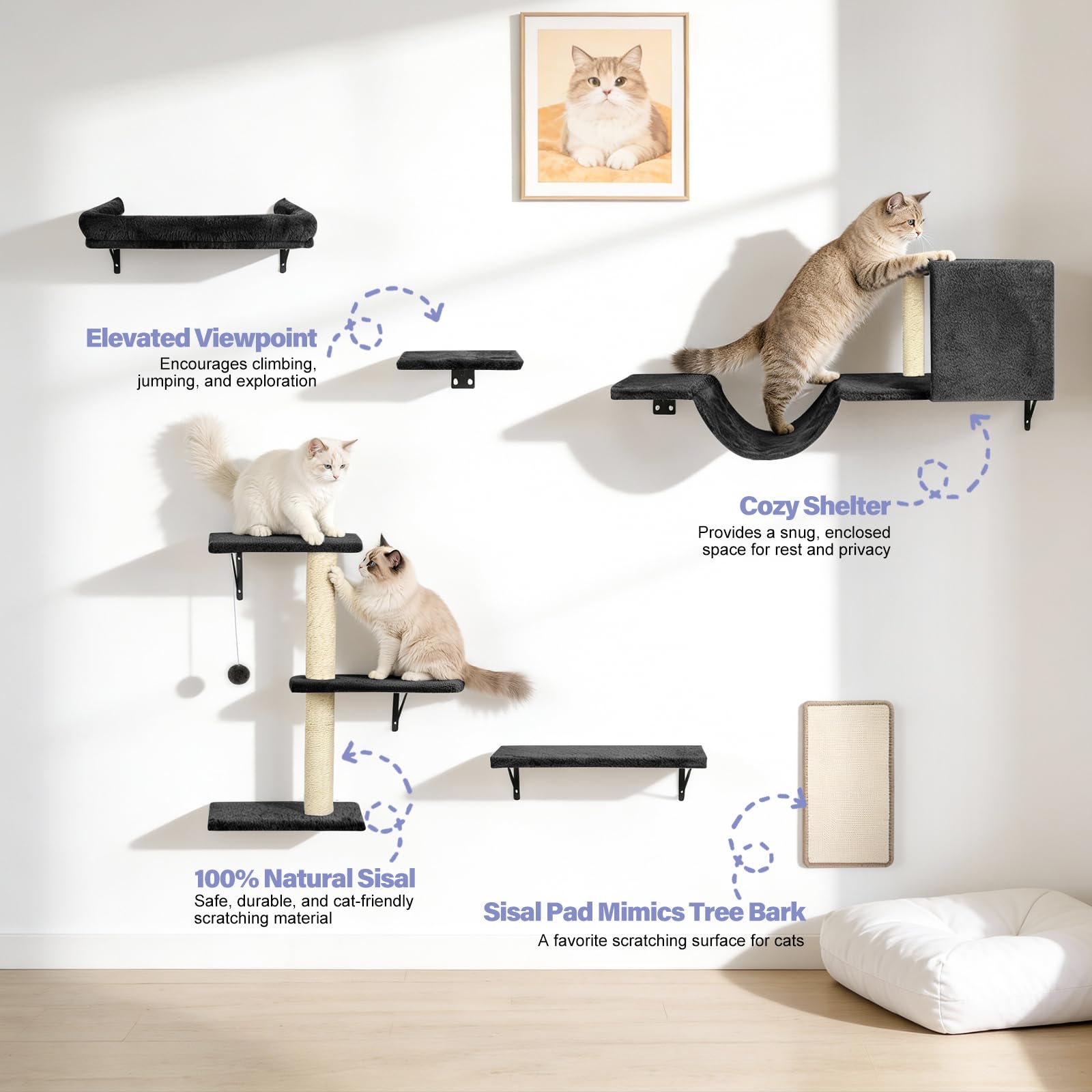 Fopetfy Cat Wall Shelves, Stable & Safe 6 in 1 Cat Furniture Set Black, for Cats to Climb, Hide, Lounge, and Scratch - image 4