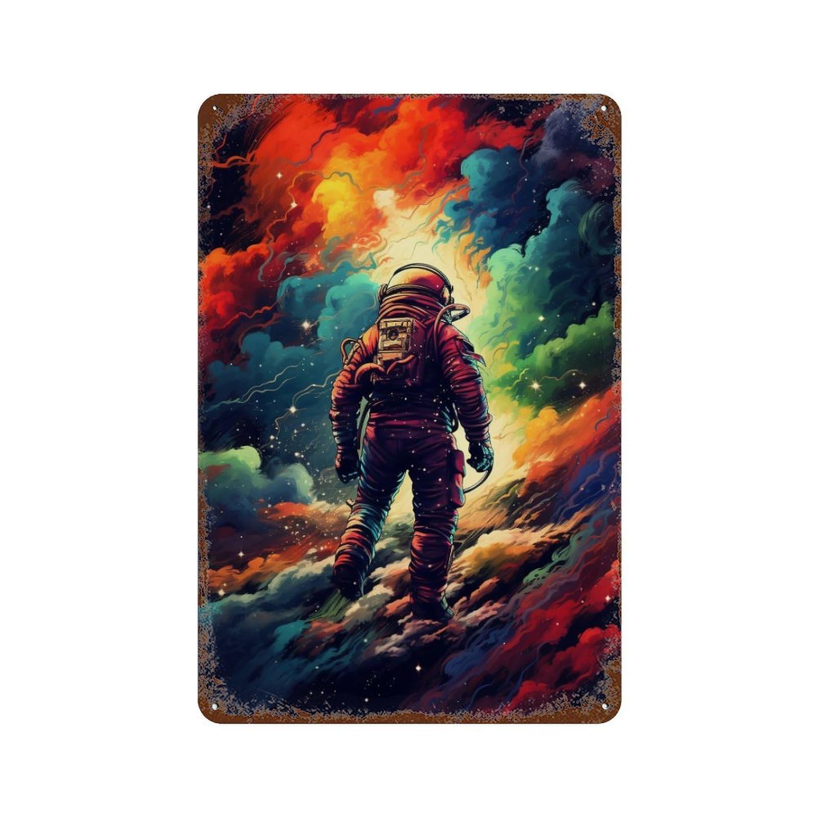 Rust Effect Cosmic Astronaut Journey-3 Aged Metal Wall Plaque 11.8"x7.9", Classic Wall Plaque for Basement, Hobby Room And Garage Decor
