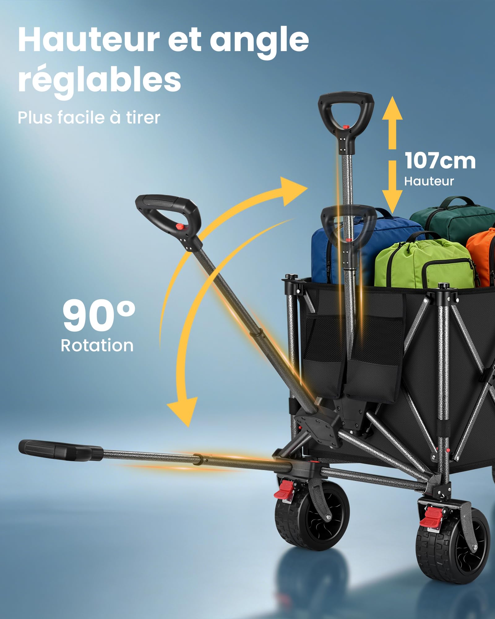 YEAUPE PRO Chariot Pliable 260L 250KG, Chariot de Plage Tout-Terrain Léger 13KG, Roues Large 17cm, Multifonction pour Jardin, Courses, Plage, Pique-Nique & Activités Extérieures