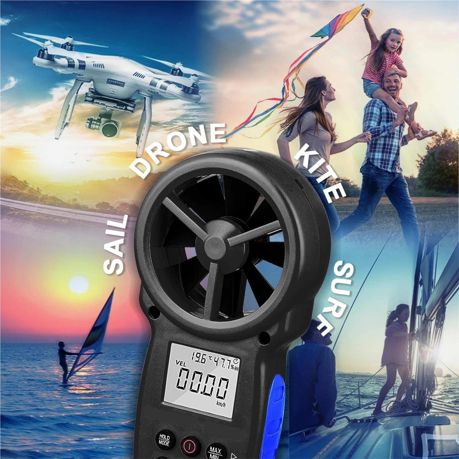 Anemometro digitale - Misuratore di velocità del Misura velocità del, temperatura, flusso del con memorizzazione dati e USB