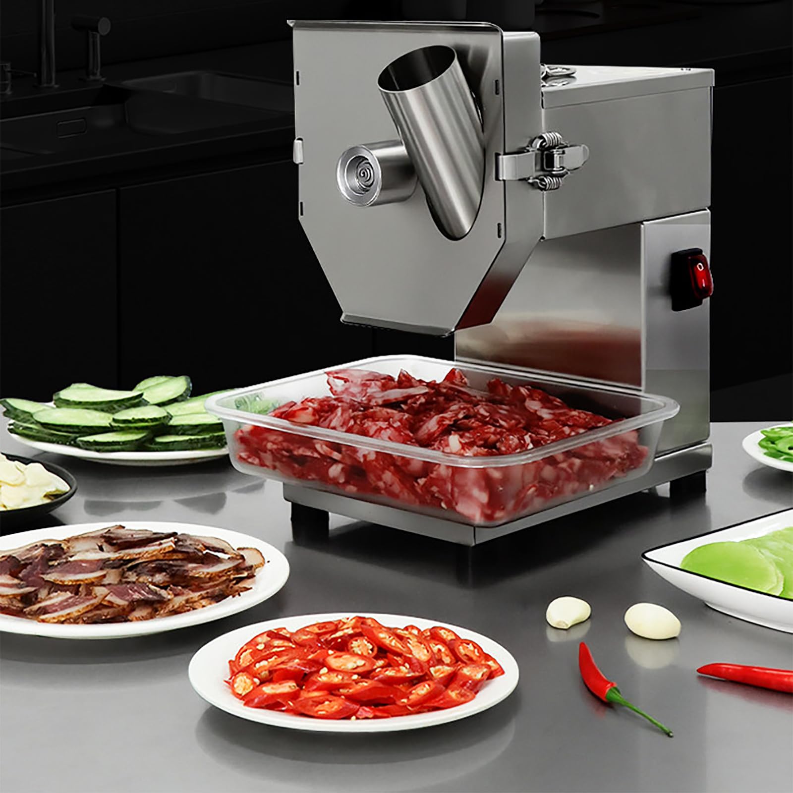 Affettatrice elettrica per salsicce in acciaio inossidabile, taglierina commerciale per cetrioli con lama da 3 mm, velocità 200 giri/min, diametro ingresso 48 mm, ideale per prosciutto e verdure