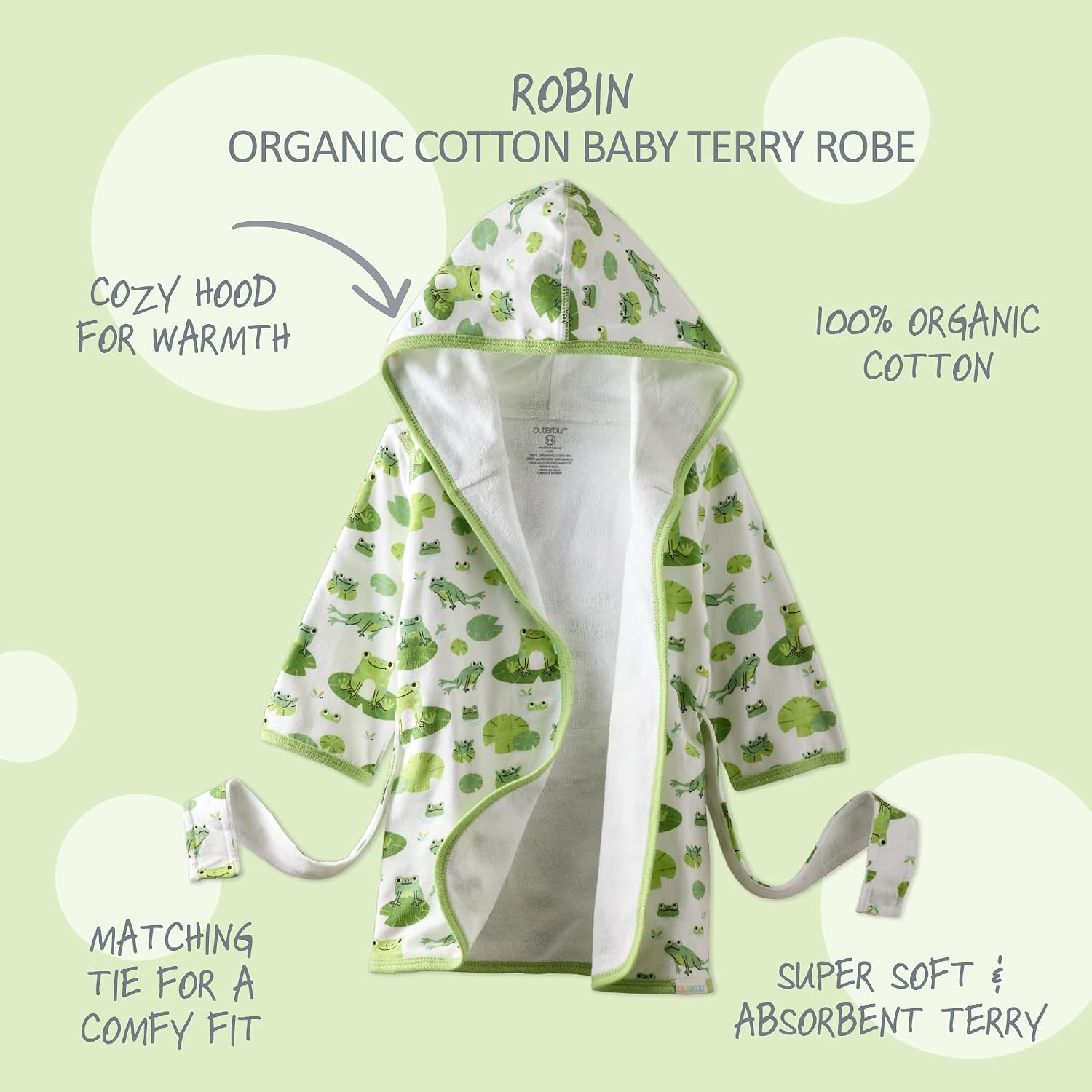Butterblu Robin - 100% Organic Cotton Baby Terry Bath Robe Soft and Absorbent for Newborn Girls, Boys, Unisex