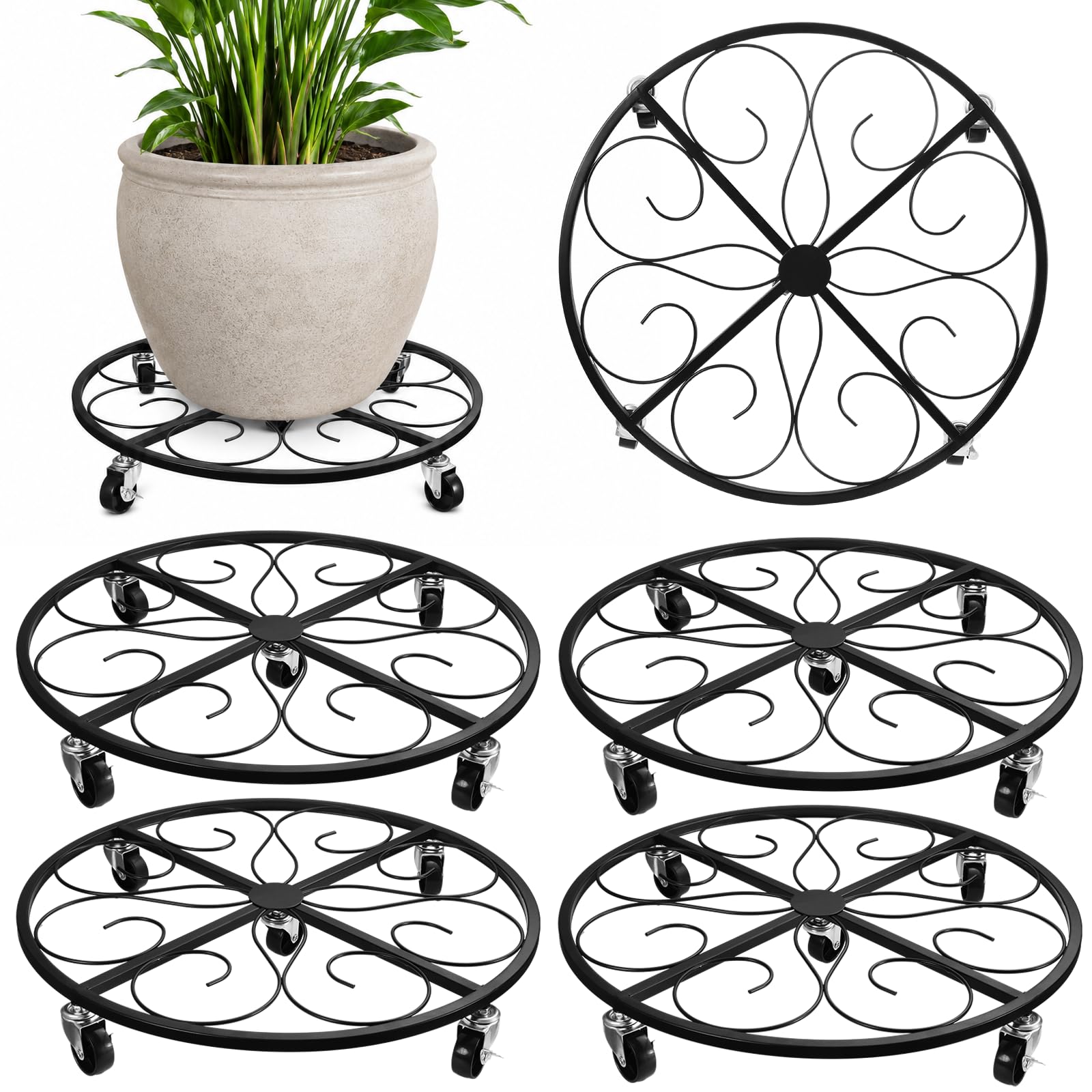 4 Pack Plant Caddy with Wheels 24 Inch Rolling Plant Stand for Large Plants Heavy Duty Plant Rollers Metal Plant Dolly Rustproof Planter Stand Wrought Iron Plant Stands Flower Cart Outdoor
