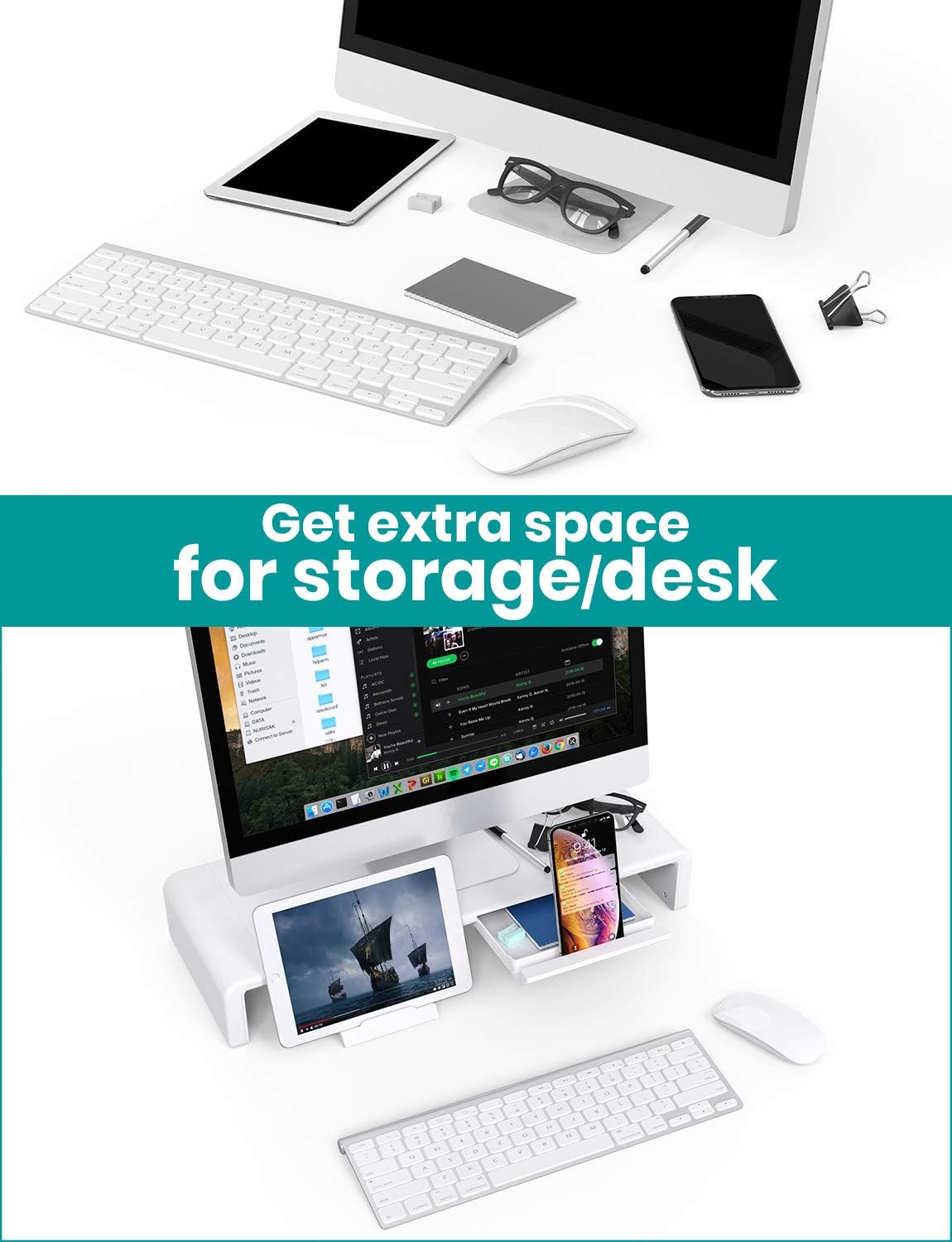 Black Friday - 70% OFF Monitor Stand Riser, Klearlook Maximized Clarity Foldable Computer Monitor Stand, Adjustable Computer Stand Desk Organizer with Storage Drawer, Tablet Phone Stand for Laptop PC Printer (White)