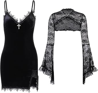 TSMNZMU Womens Gothic Two Piece Dress Vintage Velvet Mini Dresses Sexy Side Split Bodycon Dress Emo Grunge Dresses