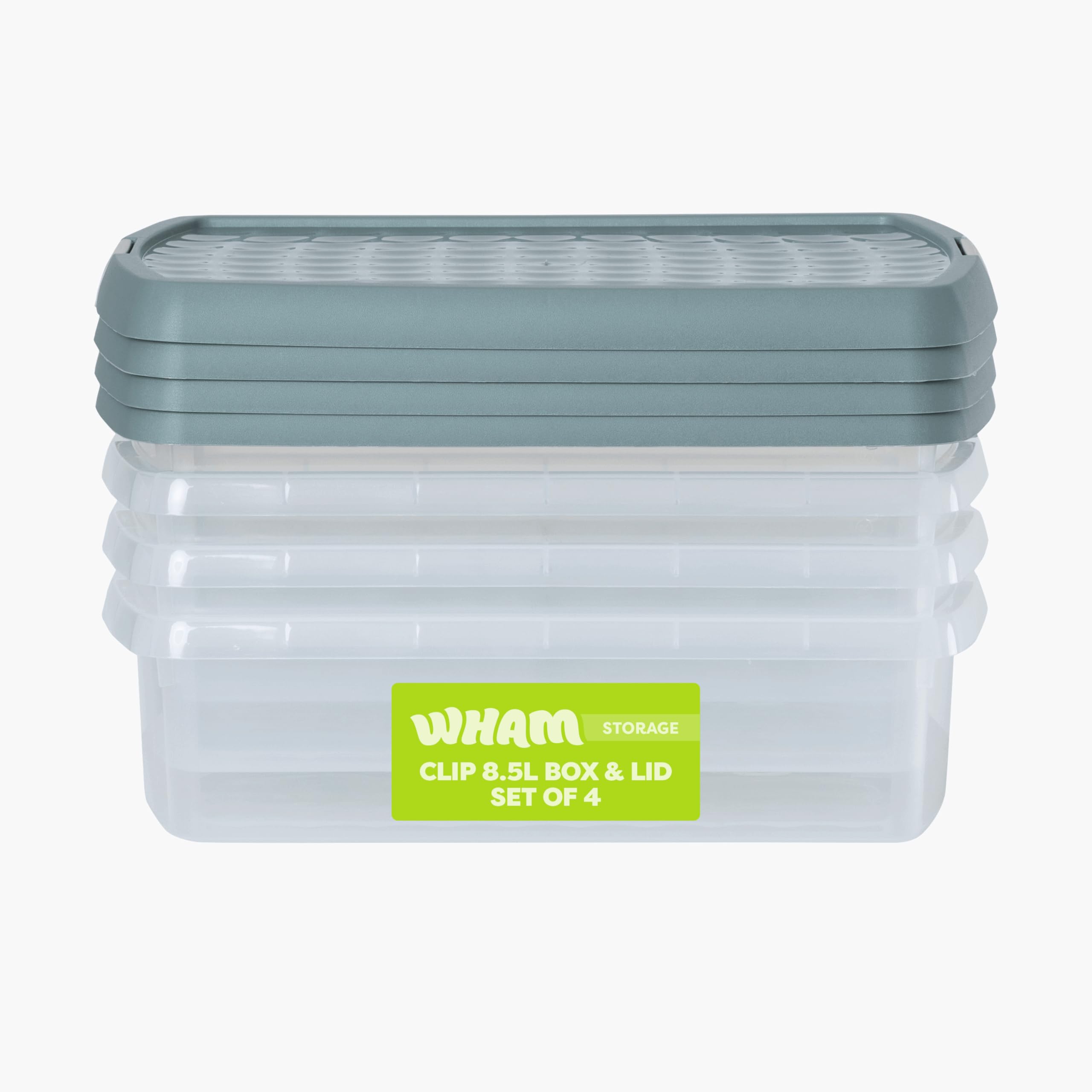 Wham Clip 4 x 8.5L Rectangular Stackable Plastic Storage Boxes with Lids | Ideal for Home, Office, Toys & More | Storage Containers with Clip Locks | Made in UK - Clear/Green Milieu — image 1