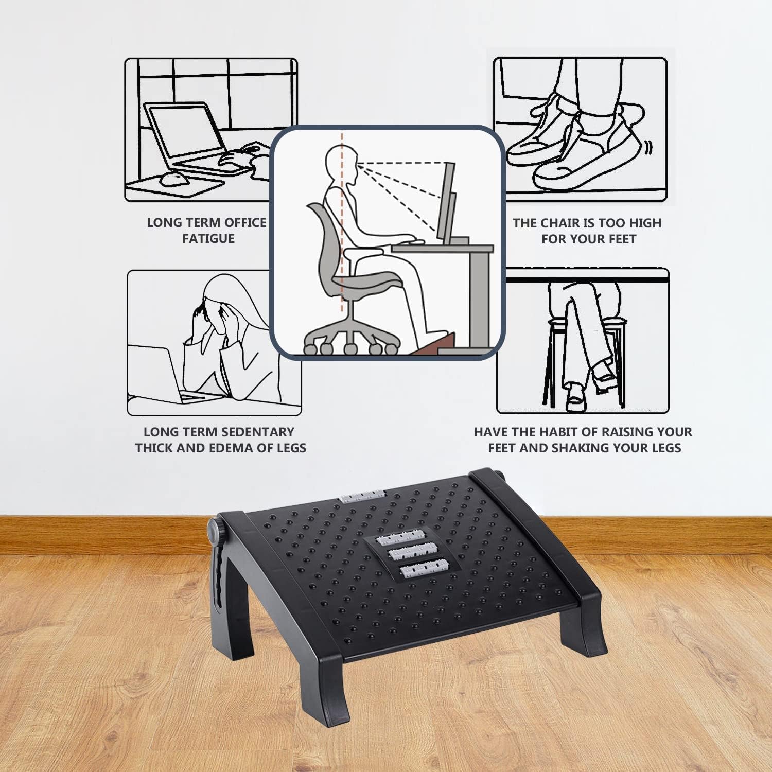Semme Poggiapiedi Ergonomico Regolabile In 3 Altezze - Sgabello Per Piedi Da Sotto Scrivania Con Superficie Antiscivolo E Massaggiante