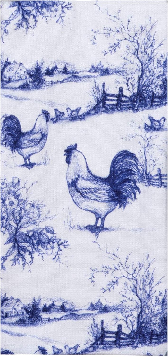 2 Piece Farmhouse Rooster Blue and White Dual Purpose Terry Towel Kitchen Bundle