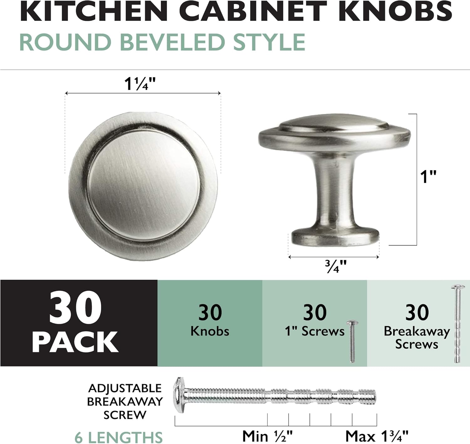 Ilyapa Satin Nickel Kitchen Cabinet Knobs - 1 1/4 Inch Round Drawer Handles - 30 Pack of Kitchen Cabinet Hardware
