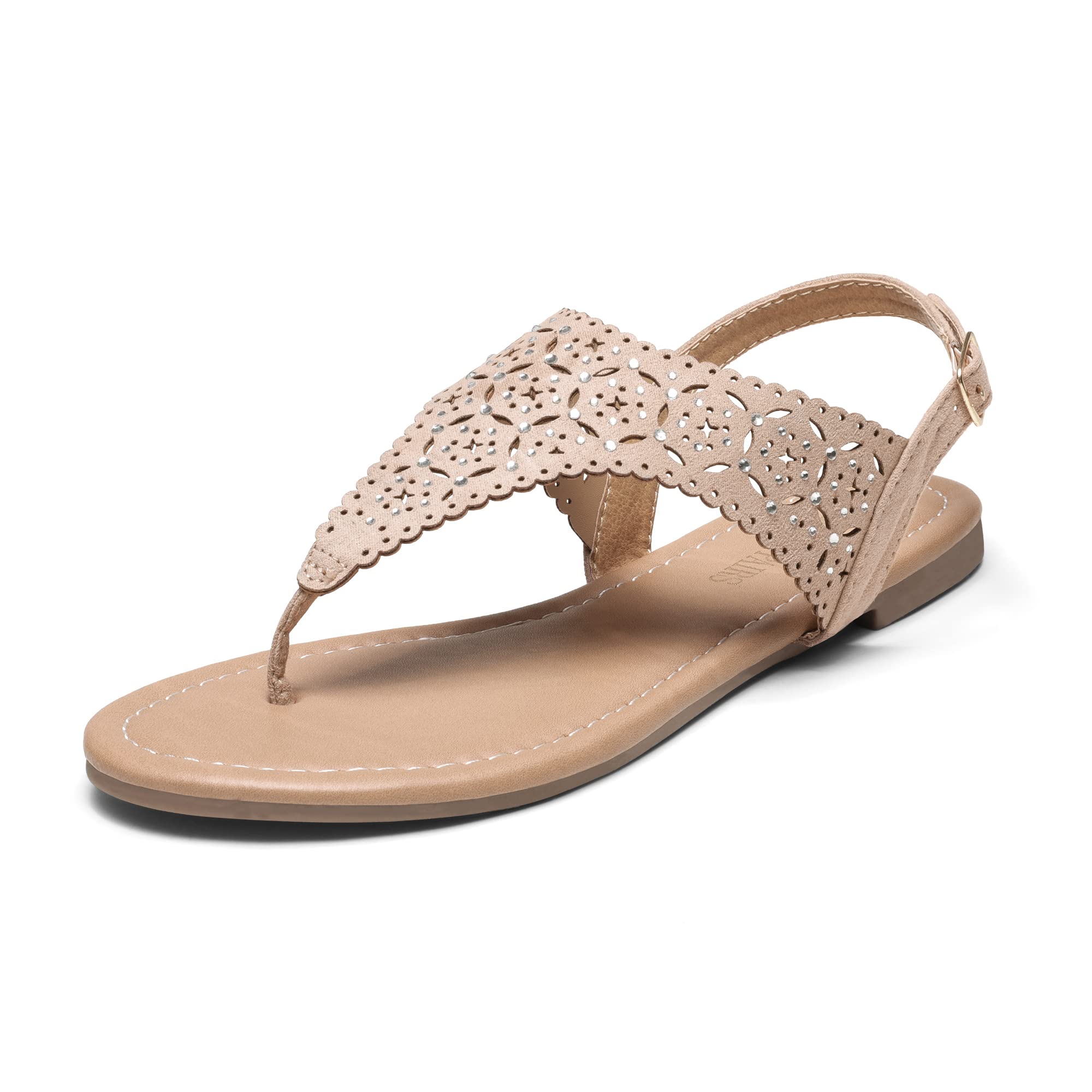 (( Size 11))DREAM PAIRS MEDINIE Women Rhinestone Casual Wear Gladiator Flat Cut Out Sandals, Nude