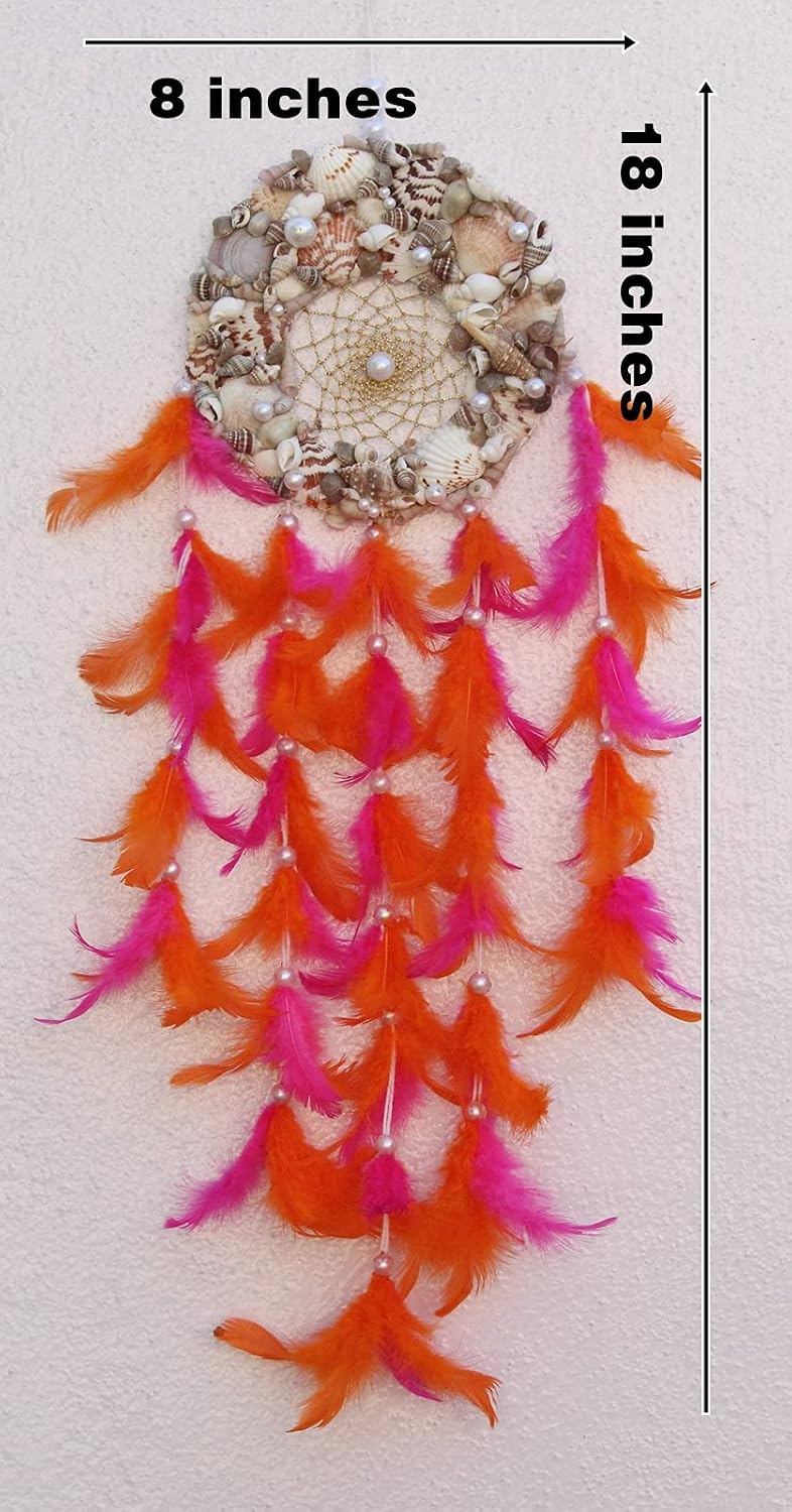 Samyuktha Round Shape, sea Shell Dream Catcher for Wall décor, Fine Quality Feathers. Natural Shells, Orange and Dark Pink