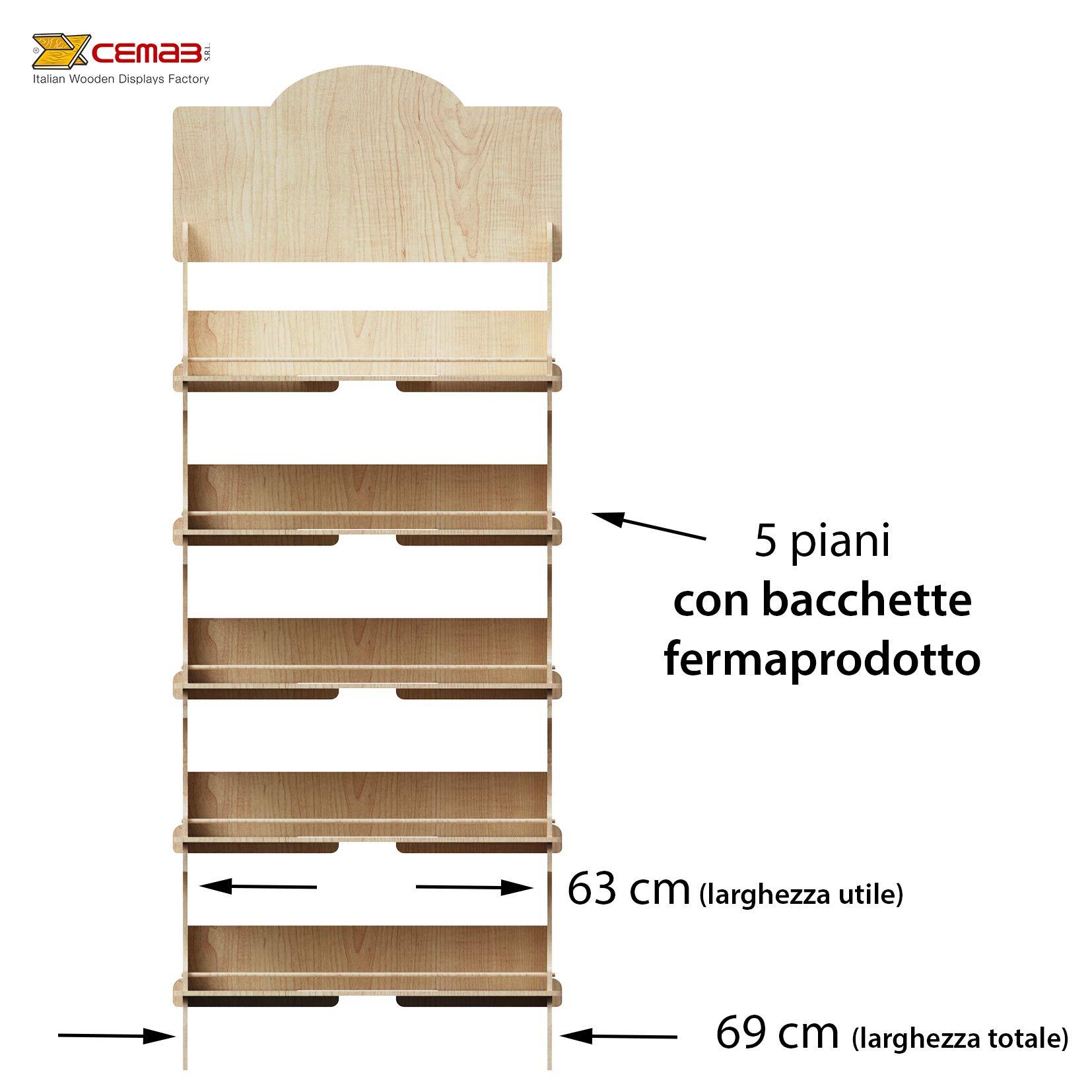 Cemab Europa (63, Non Personalizzato), espositore in legno 5 piani con montaggio ad incastro, scaffalatura autoportante per prodotti in negozi e supermercati