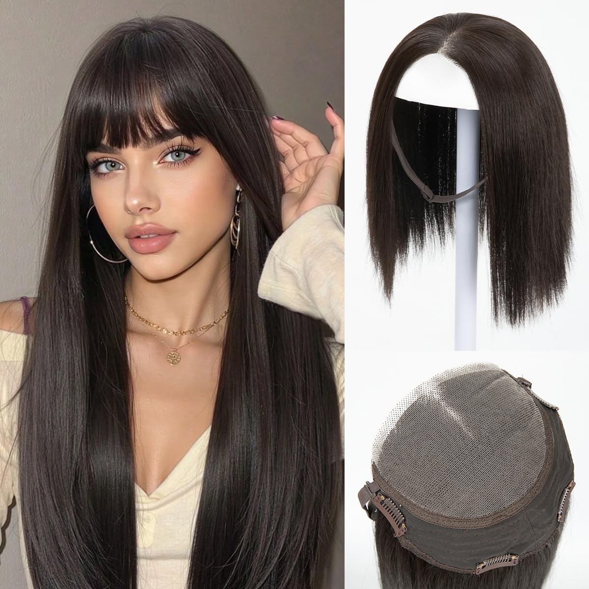 Photo 1 of challeam Lace Front Hair Toppers with Band for Women 5.5x4 Pre-cut Closed Lace Hairline Synthetic Straight Hair Wear and Go Glueless Toppers for Beginners Dark Brown