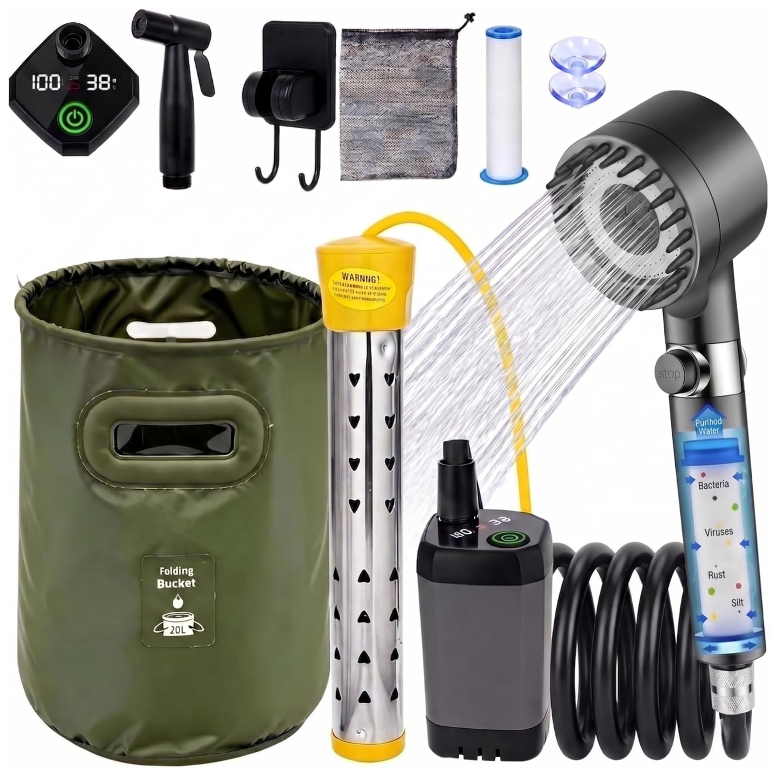 Douche portable avec chauffage, pompe de douche de camping portable à batterie 6000 mAh avec chauffage automatique de 1500 W, seau pliable de 19 litres, affichage numérique – Idéal pour la randonnée