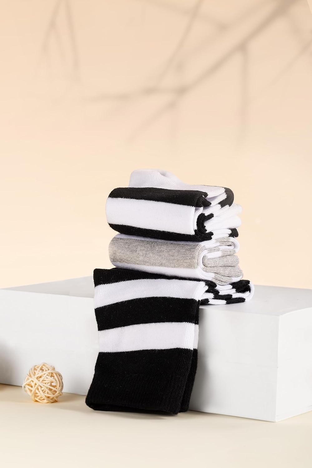 Striped Crew Socks, Cotton, 3 Pairs, Black/Gray/White - Image 4