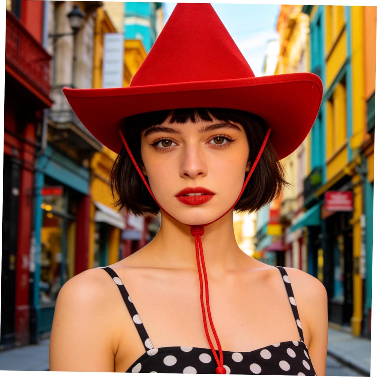 Red Cowboy Hat with Adjustable String, Brim Binding, Lightweight Fabric Cowgirl Hat for Men and Women, Party and Festival Costume Accessory