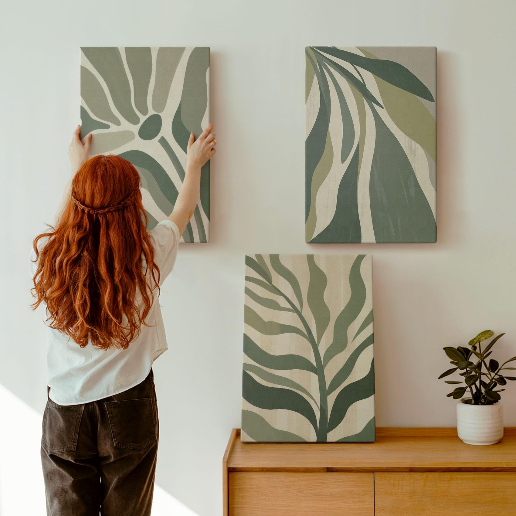 Wallfluent Cuadros 60x40 cm Tríptico en Lienzo Polycanvas – Arte de Pared para Dormitorio o Salón – Ilustraciones de hojas pintadas en tonos verdes