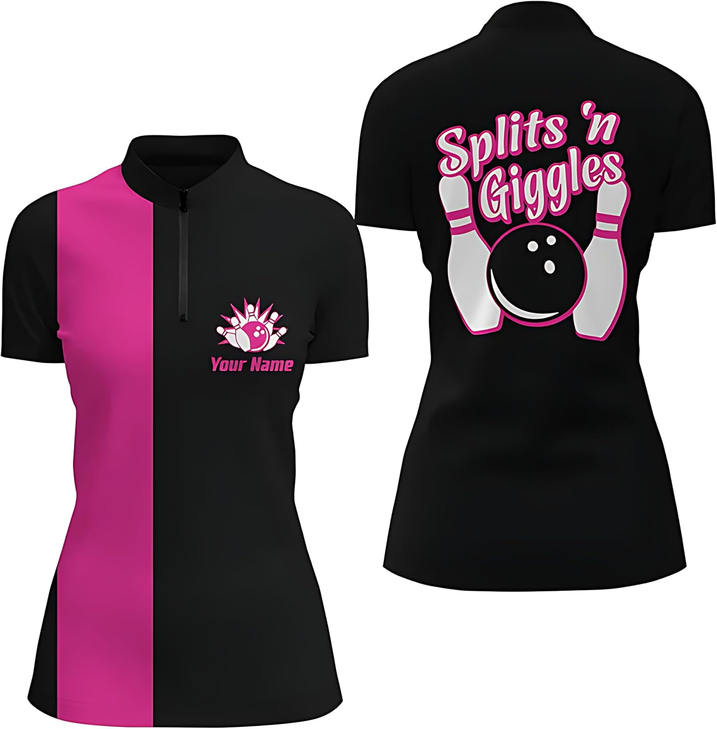 Splits'n Giggles Women's Bowling Polo Shirt - Personalized Black Purple Retro Bowling Jersey Q6074