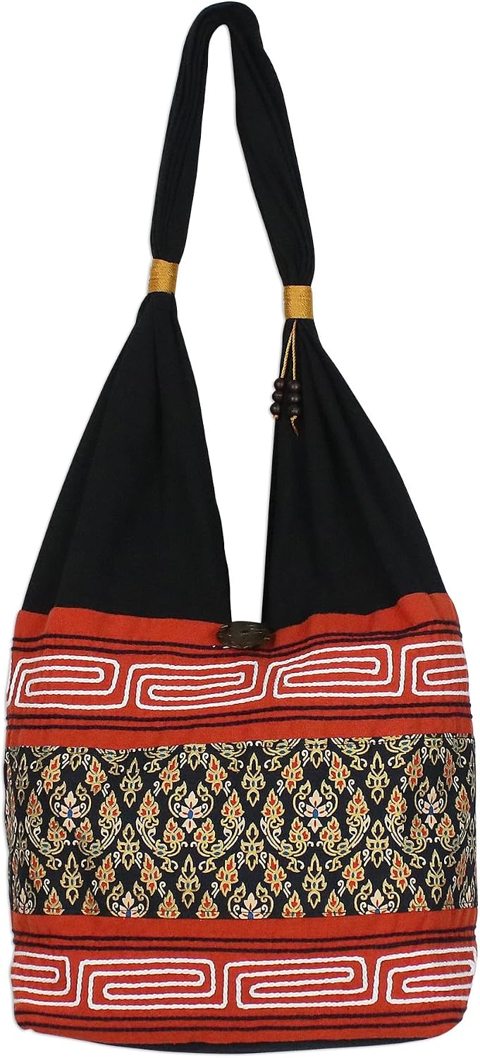 NOVICA Artisan Handmade Cotton Blend Shoulder Bag Floral in Paprika from Thailand Handbags Multicolor Embroidered ' Charming Thai in Paprika'