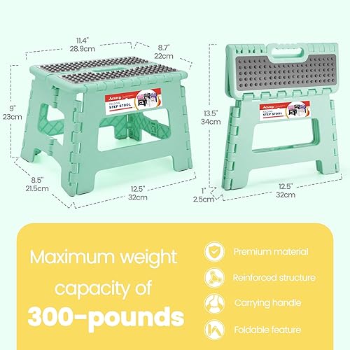 Miniatura 4 de ACSTEP Taburete plegable de 9 pulgadas, capacidad de 300 libras, taburete antideslizante con asa, taburetes plegables de plástico para niños,