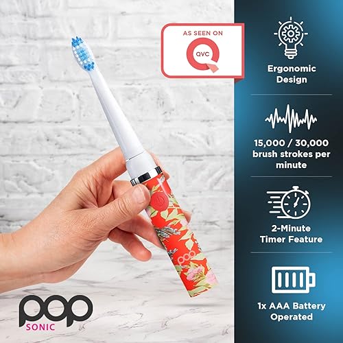 Miniatura 3 de Cepillo de dientes eléctrico Pop Sonic (floral rojo) – Cepillos de dientes de viaje con batería AAA | Cepillos de dientes eléctricos para niños con