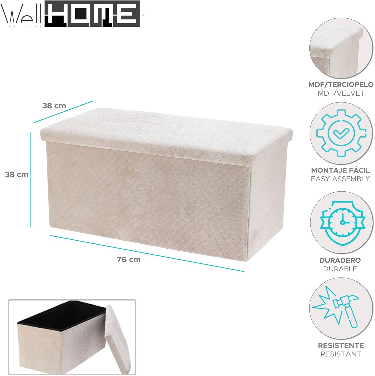 Well Home MDF Storage Bench 76x38x38 cm