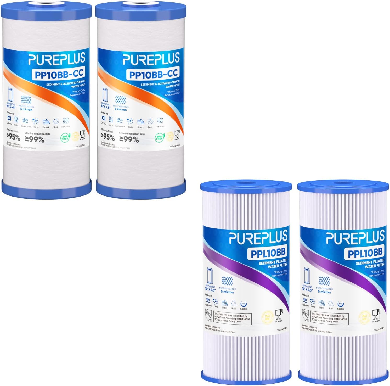 PUREPLUS 5 Micron 10" x 4.5" Whole House Sediment and Carbon Water Filter Replacement Cartridge 2PACK and 10"X4.5" 5 Microns Whole House Pleated Sediment Filter 2 PACK