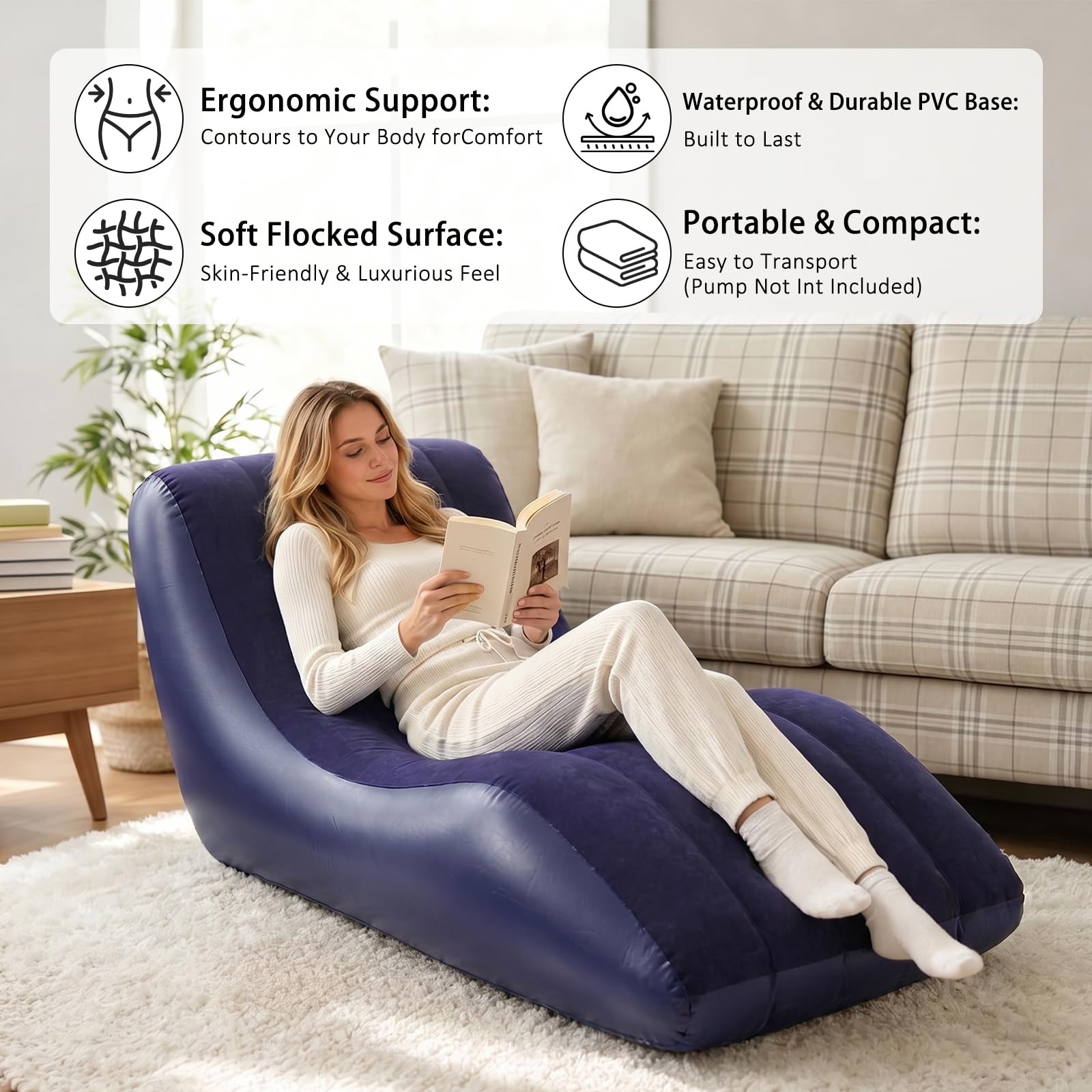 MeYuxg Divano Gonfiabile con Pompa,S Forma Sdraio Gonfiabile con rivestimento in Peluche,Portatile Campeggio Lettino Gonfiabile per Interni, Esterni, Casa, Viaggi e Feste in Spiaggia(Blu)