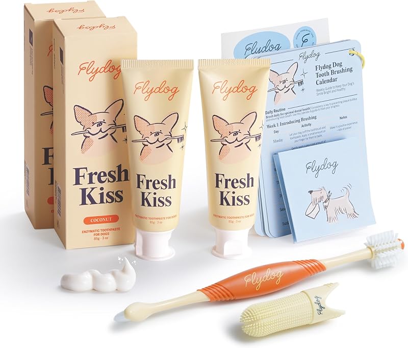 Kit de Creme Dental Enzimático para Cães Flydog Fresh Kiss com Escova 360°, Escova de Dedo e Sabor Coco