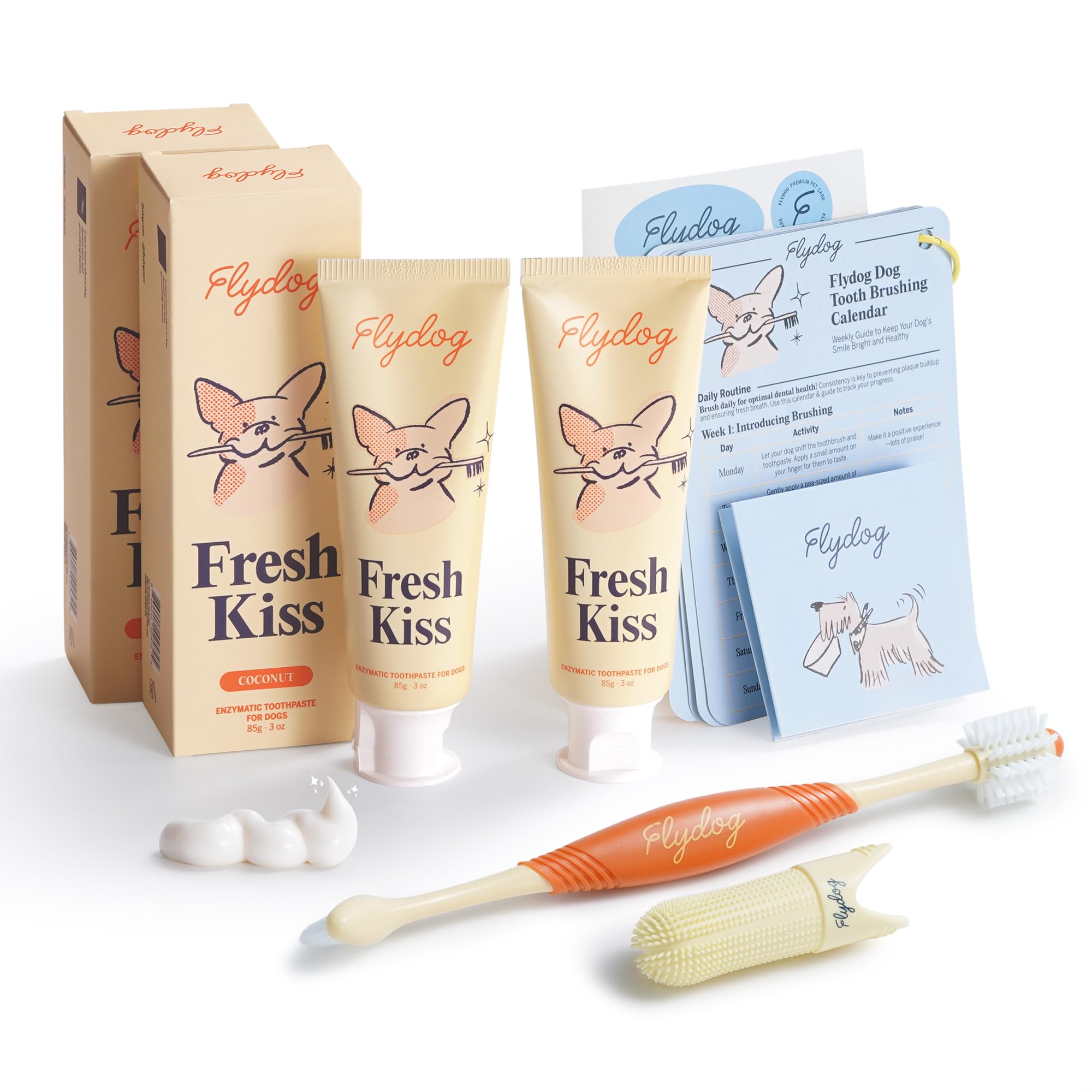 FlyDog Fresh Kiss Dog Tooth Brushing Kit - Vet Approved Formula, Enzymatic Dog Toothpaste and Brush - Breath Freshener & Tartar Remover, 360°
