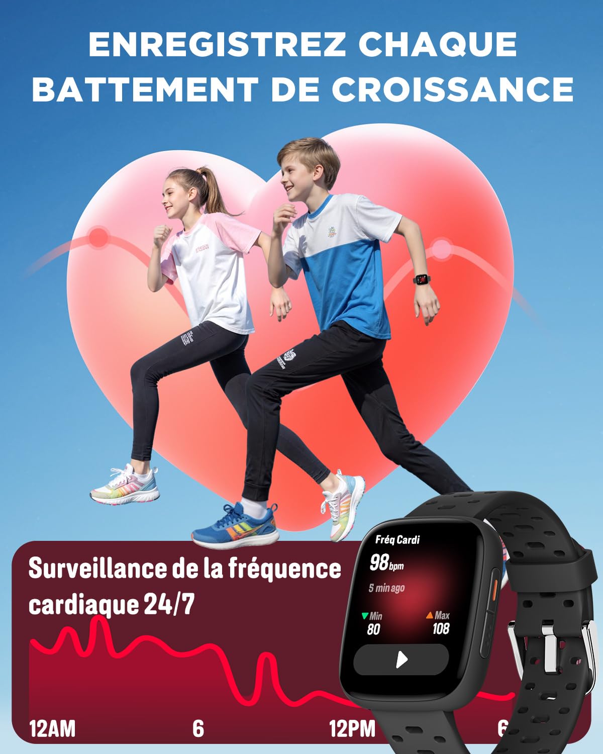 BIGGERFIVE Montre Enfant Connectée ou Non, 1,8" Amoled Smartwatch Podomètre | Cardiofrequencemètre, 30m Étanche, Moniteur de Sommeil, Jeux de Puzzle, 100+ Cadrans pour Garçons Filles Ados 5-16, Noir